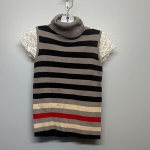 Wanko Sleeveless Turtleneck Stripe Knit Lace Sleeve Top